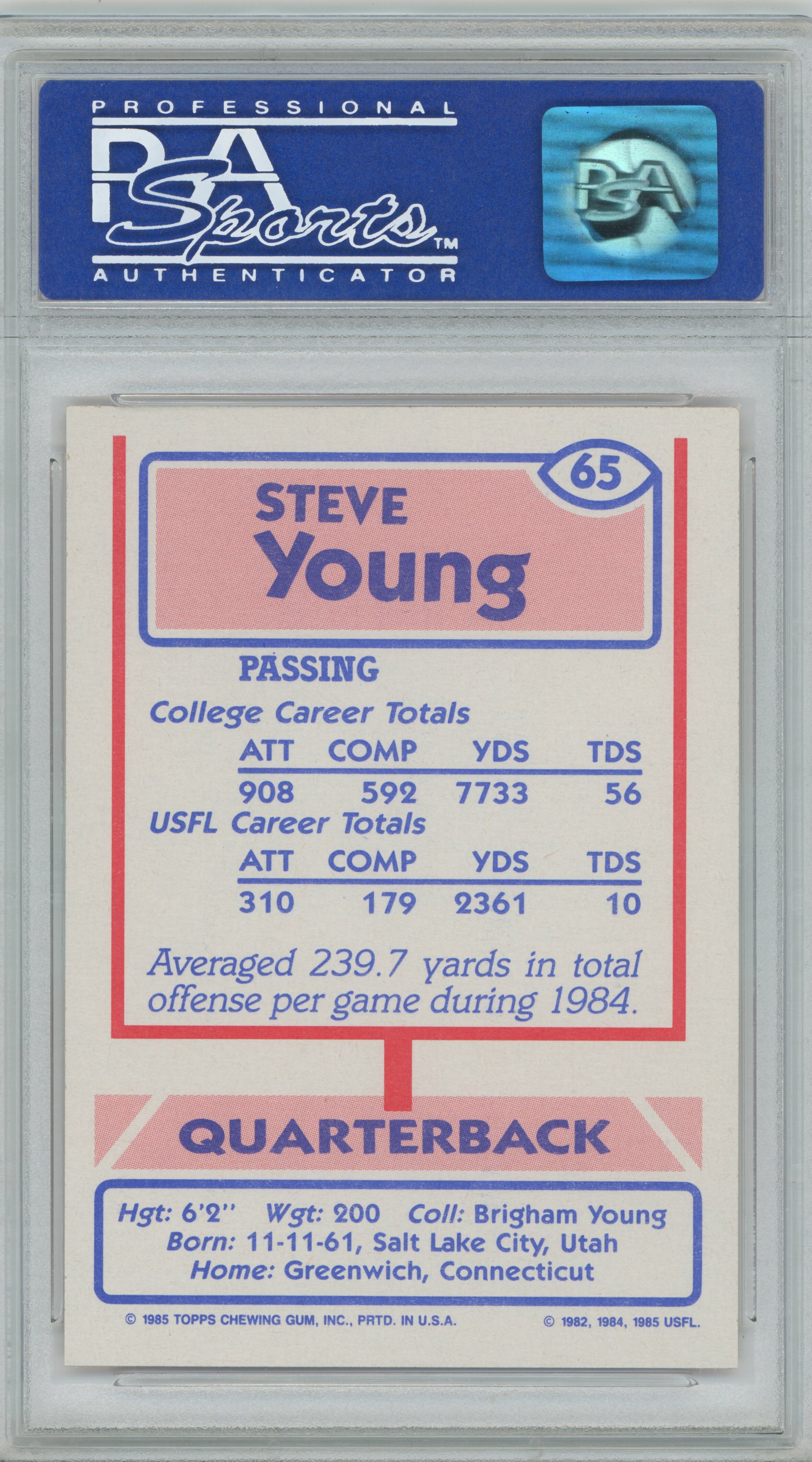 1985 Topps USFL Steve Young PSA 9