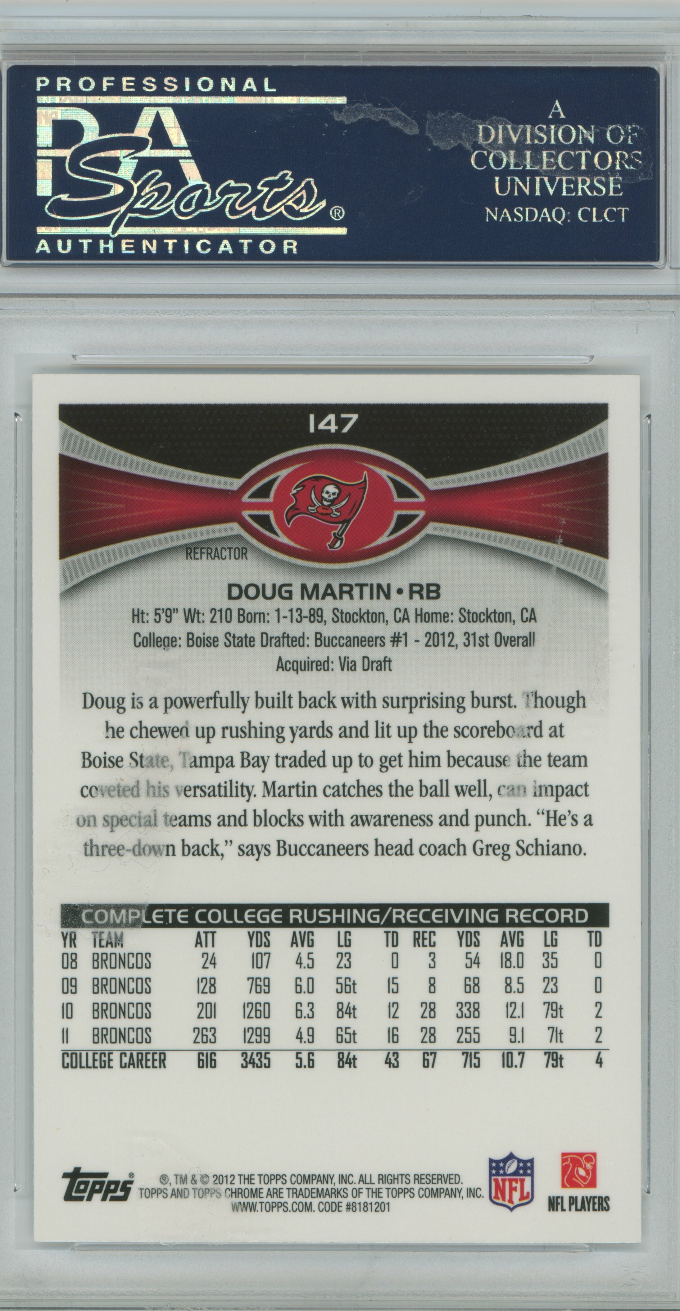 2012 Topps Chrome Refractor RC Doug Martin PSA 9