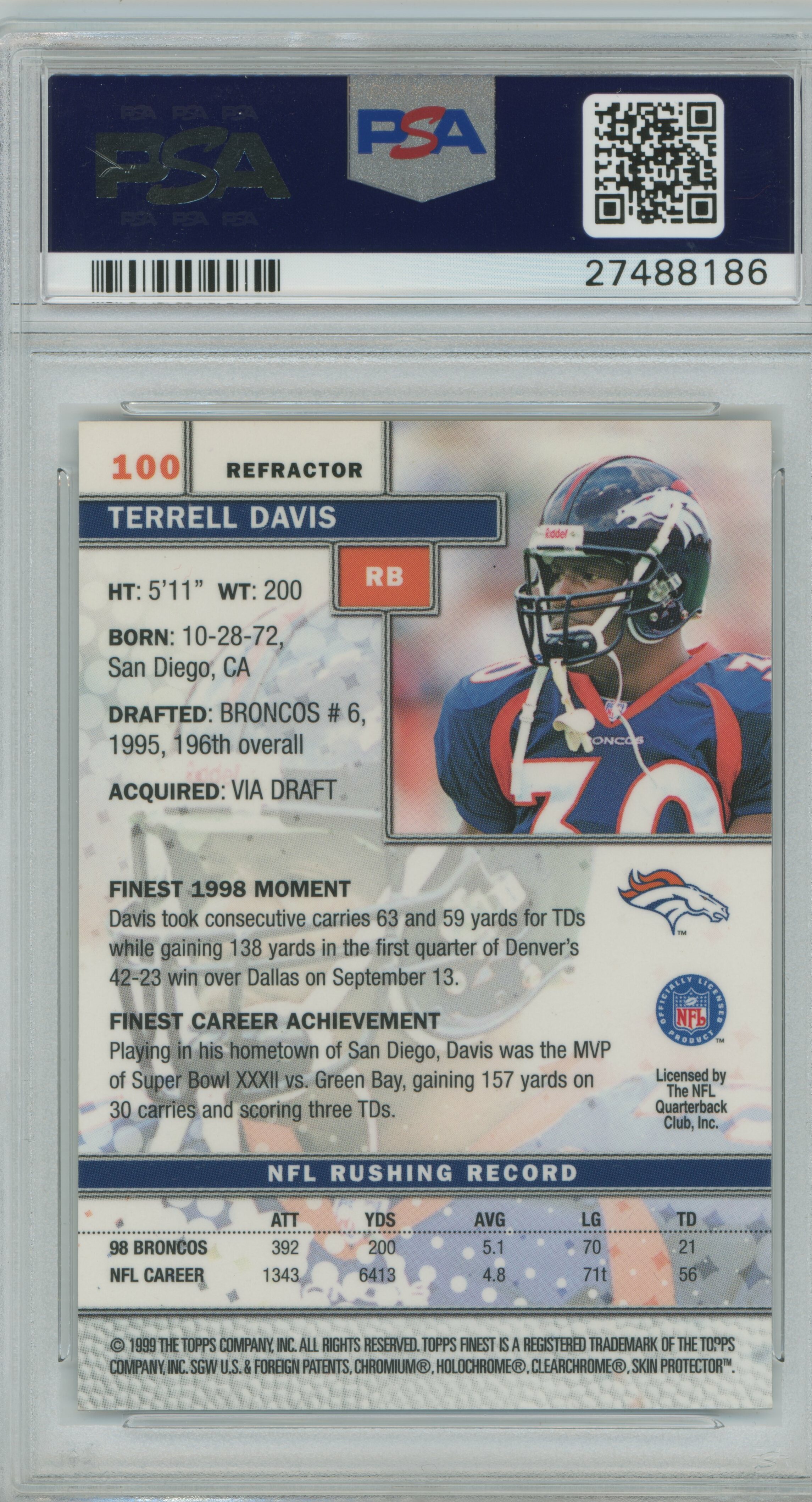 1999 Finest Refractor Terrell Davis PSA 9