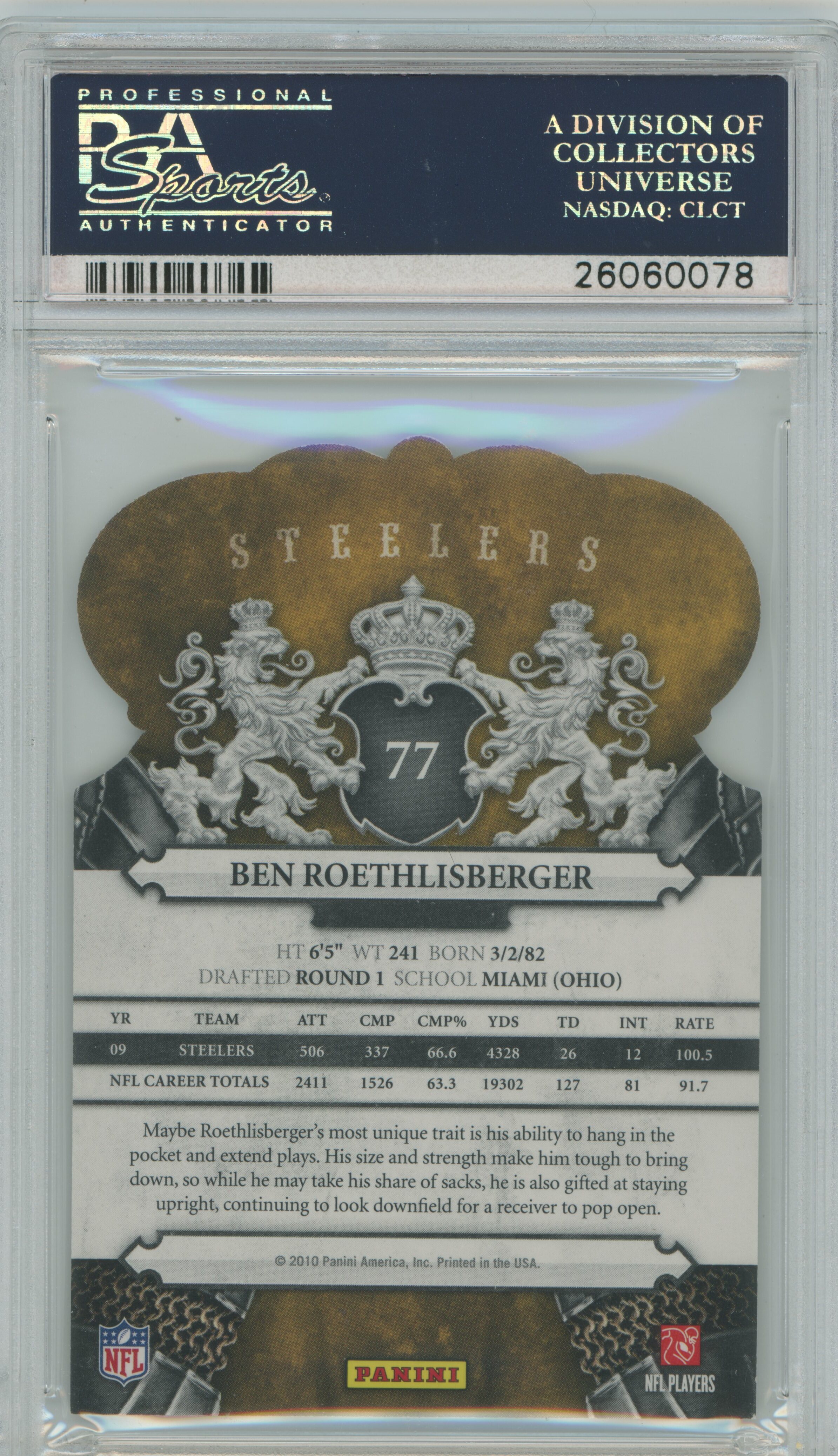 2010 Crown Royale Ben Roethlisberger PSA 9