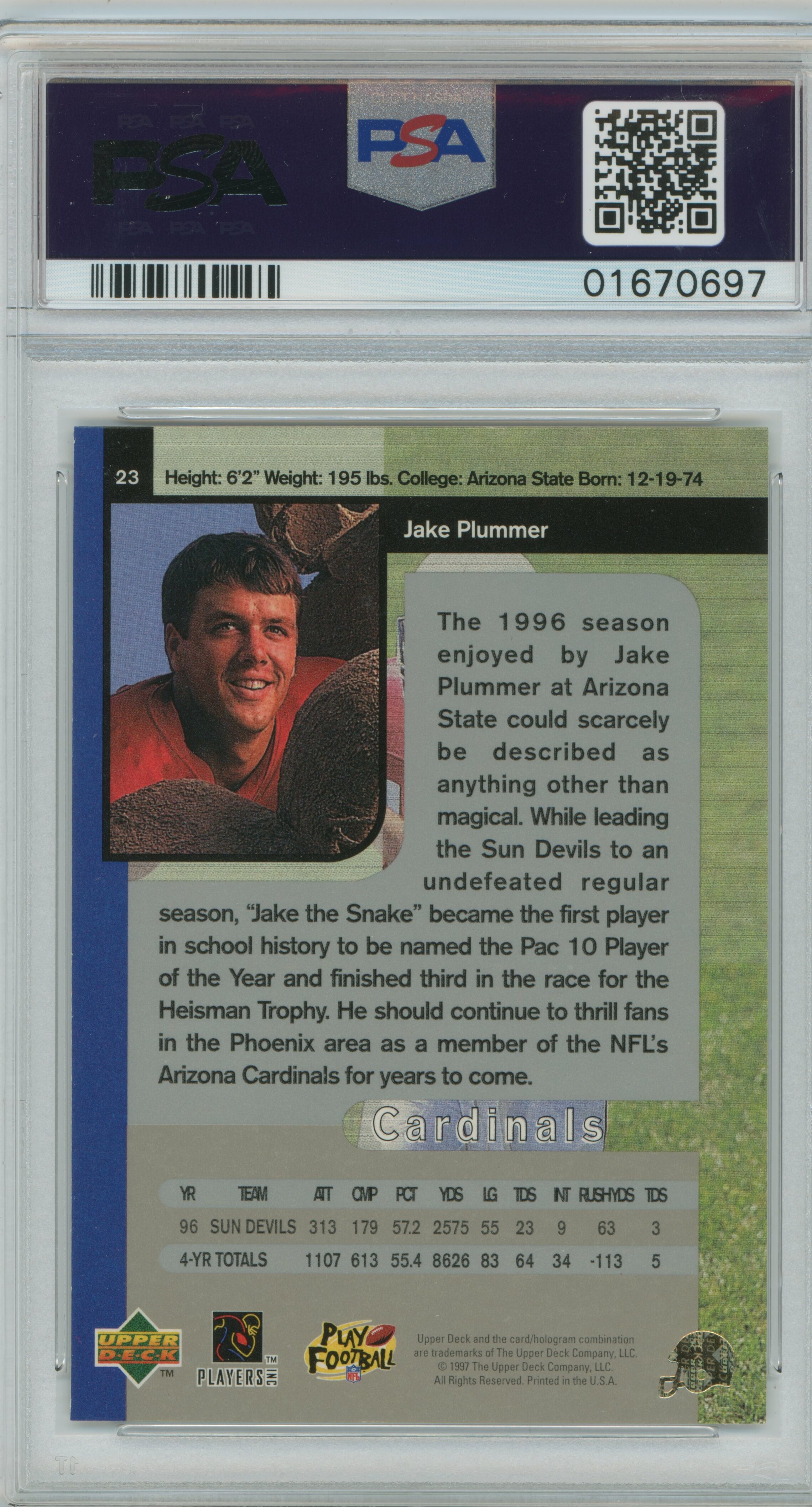 1997 SP Authentic RC Jake Plummer PSA 9