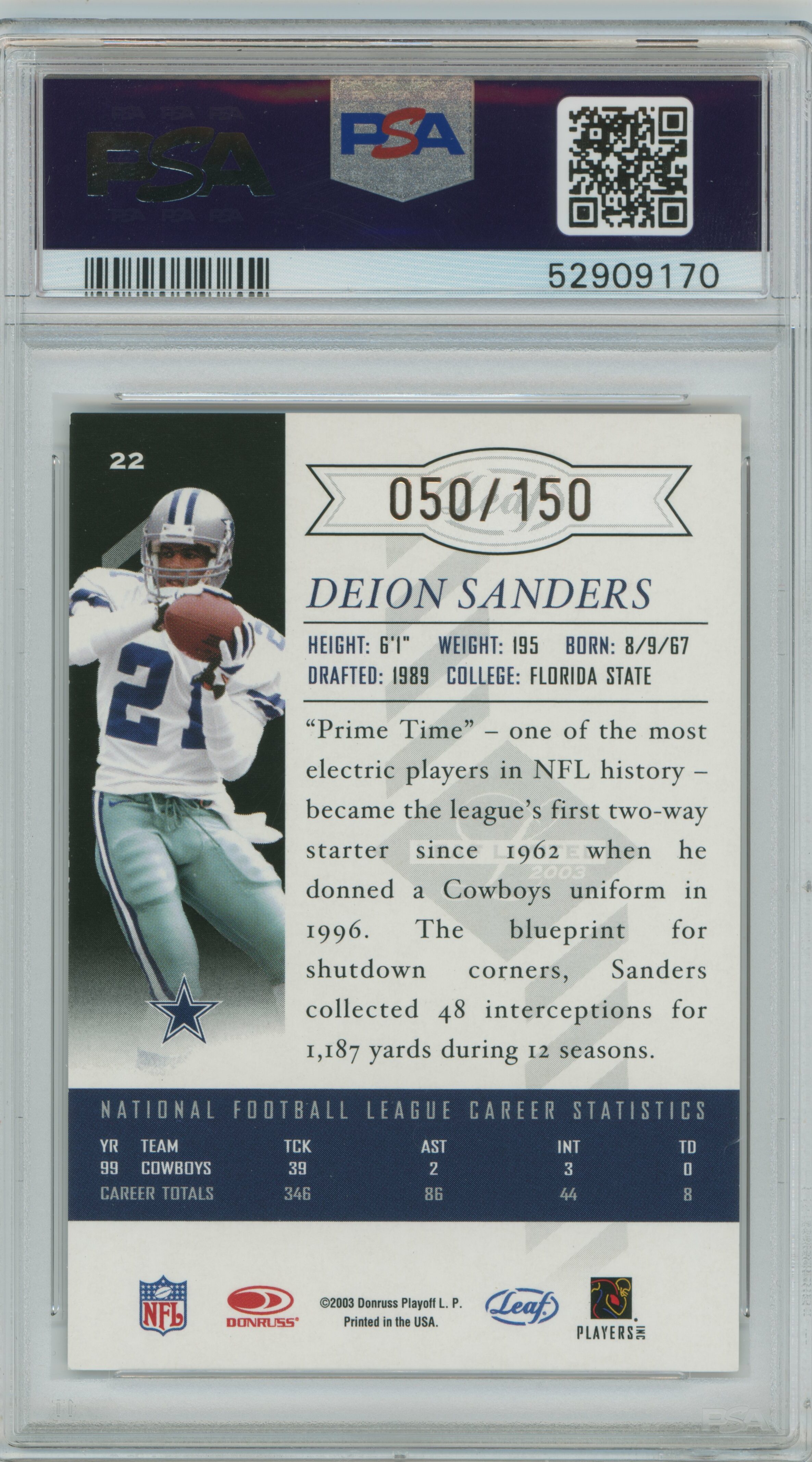 2003 Limited Bronze Spotlight Deion Sanders PSA 9