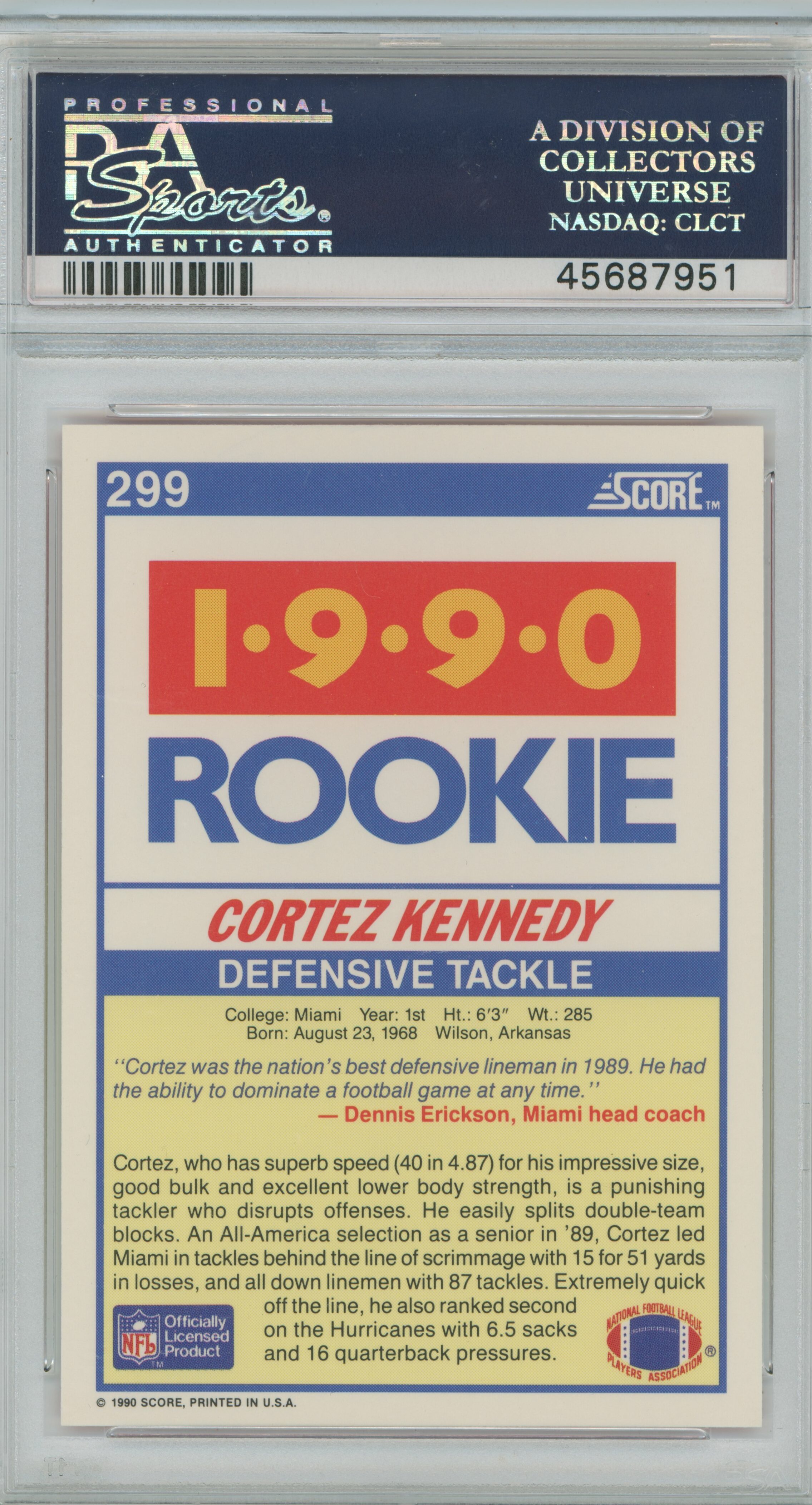 1990 Score RC Cortez Kennedy PSA 10