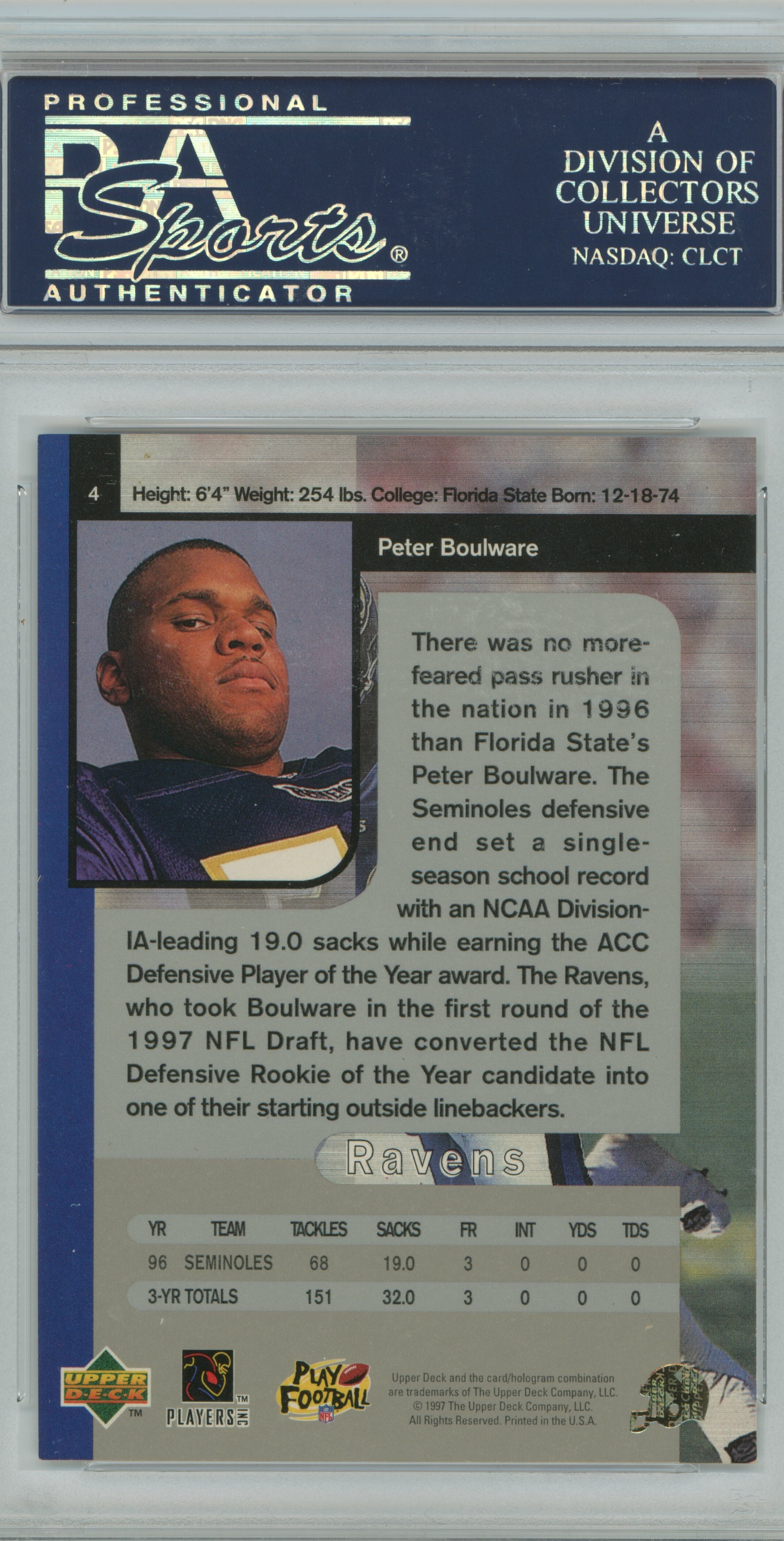 1997 SP Authentic Peter Boulware PSA 10
