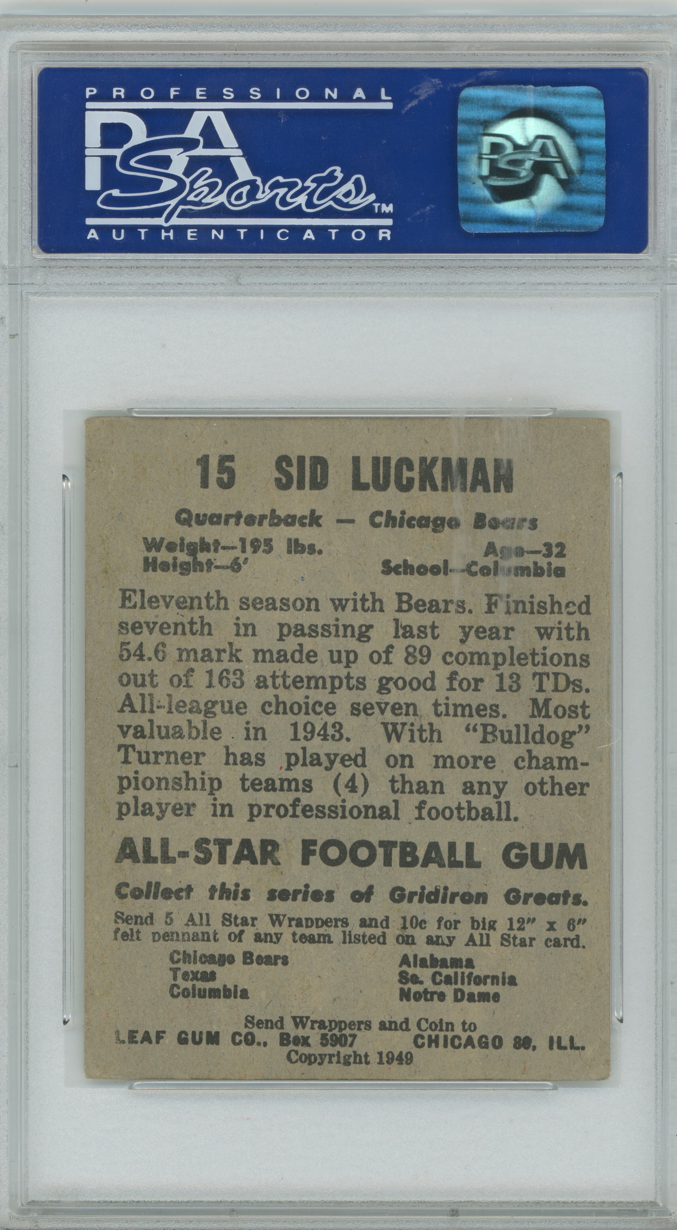 1949 Leaf Sid Luckman PSA 3