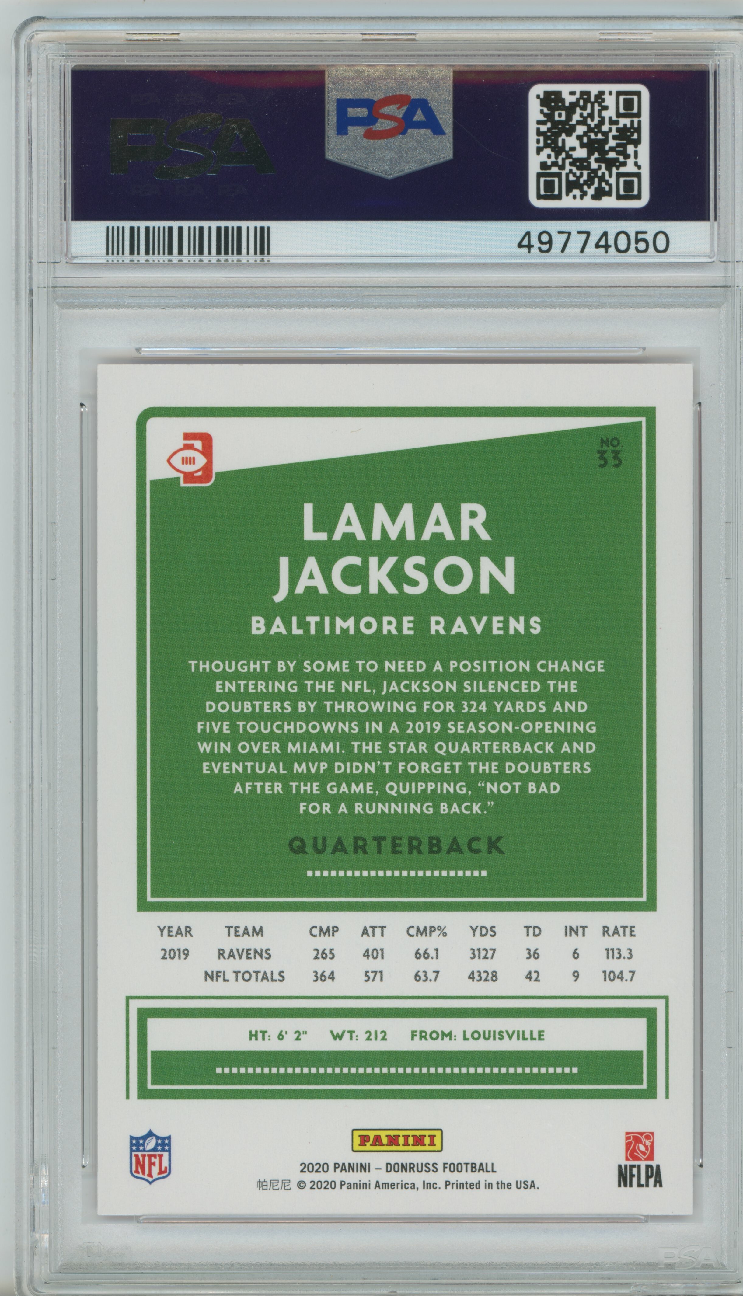 2020 Panini Donruss Lamar Jackson Red Press Proof PSA 9