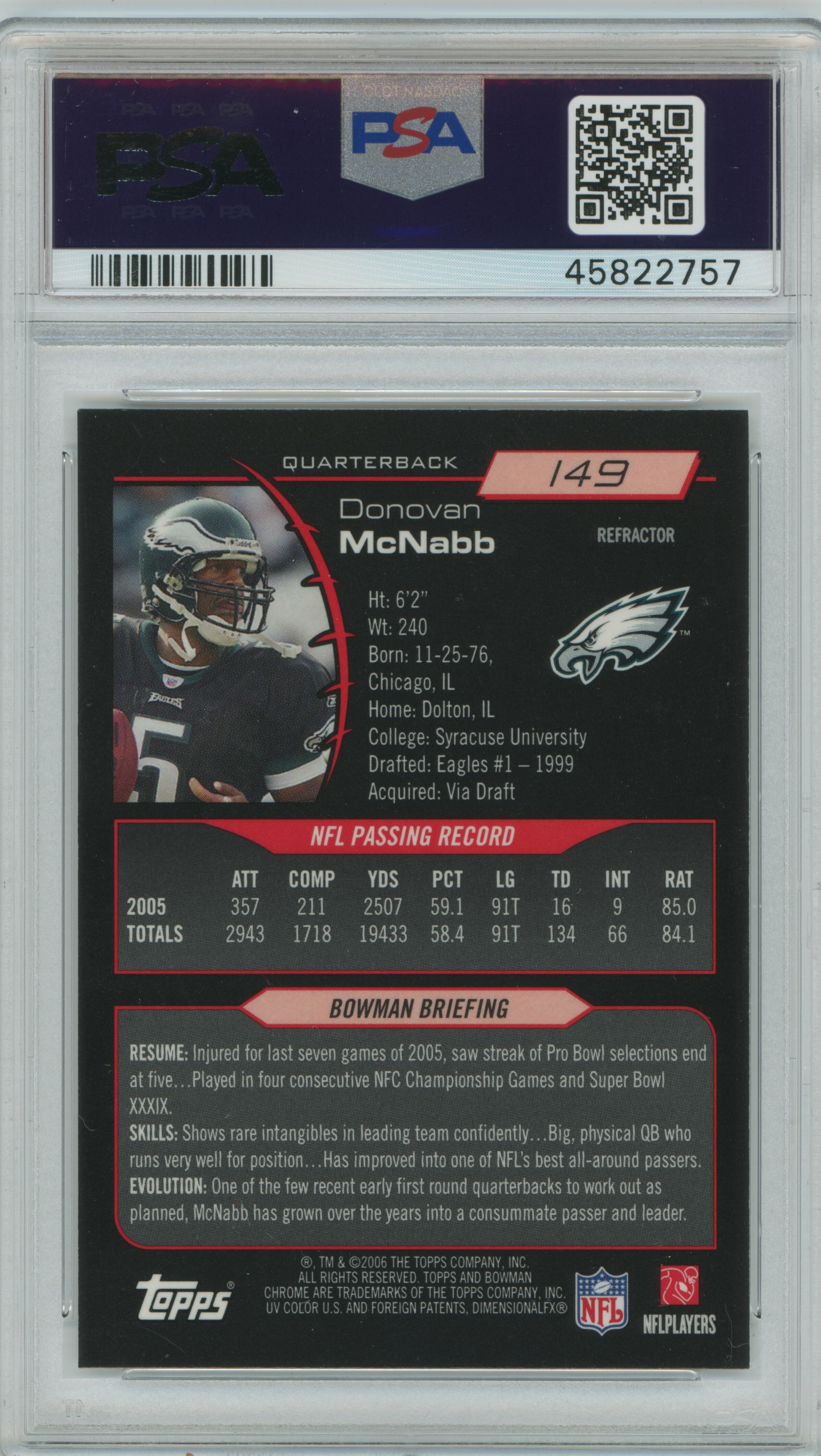 2006 Bowman Chrome Refractor Donovan McNabb PSA 9