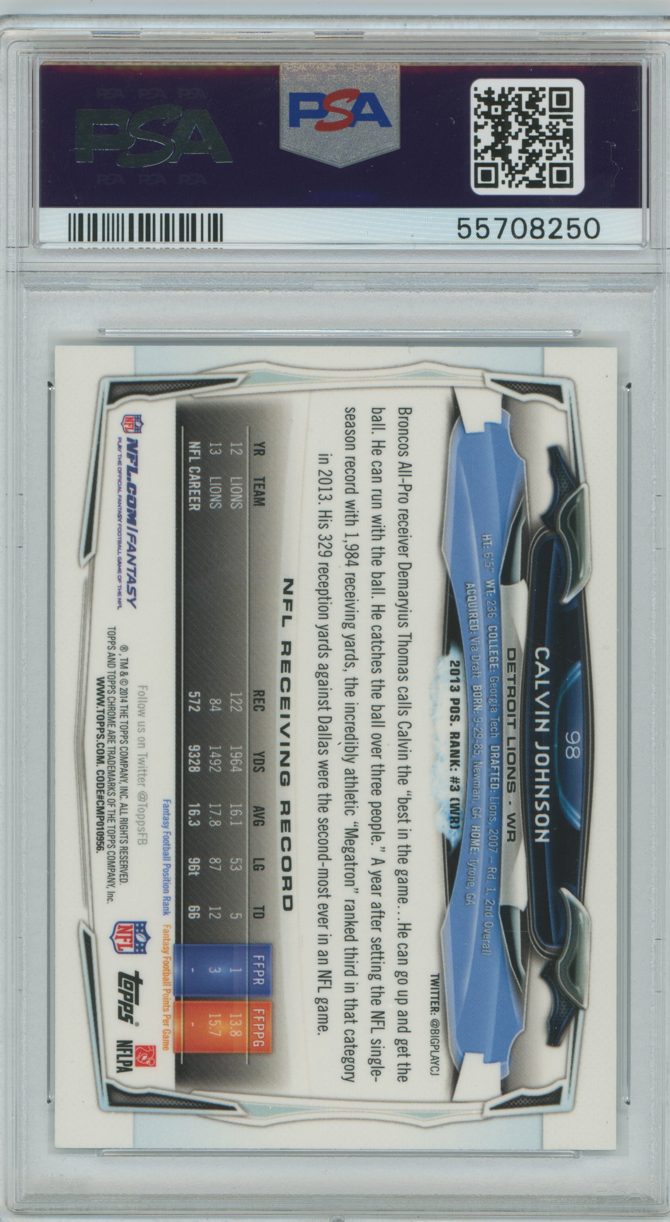 2014 Topps Chrome Refractor Calvin Johnson PSA 9