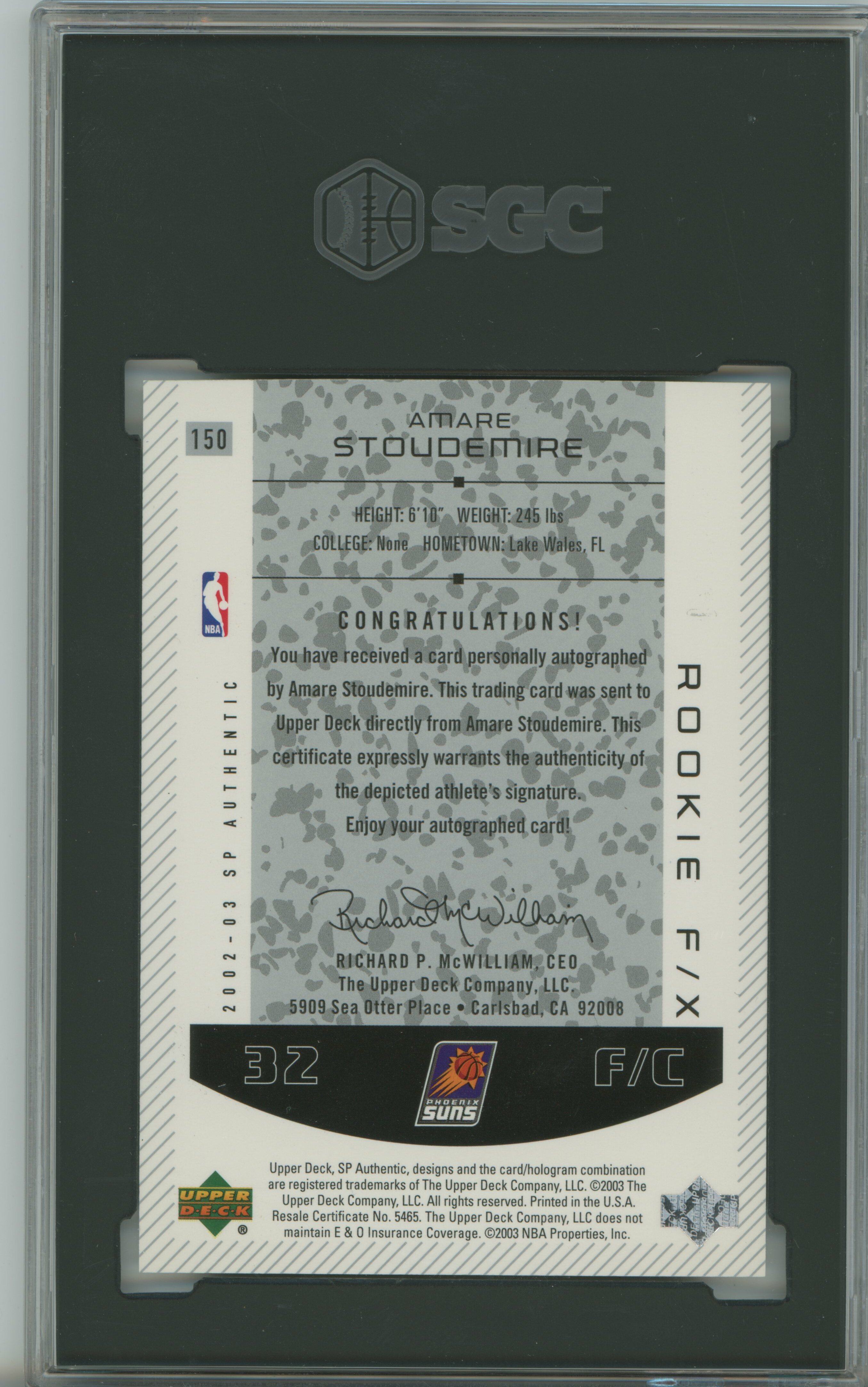 2002-03 SP Authentic Auto Amare Stoudemire SGC 9