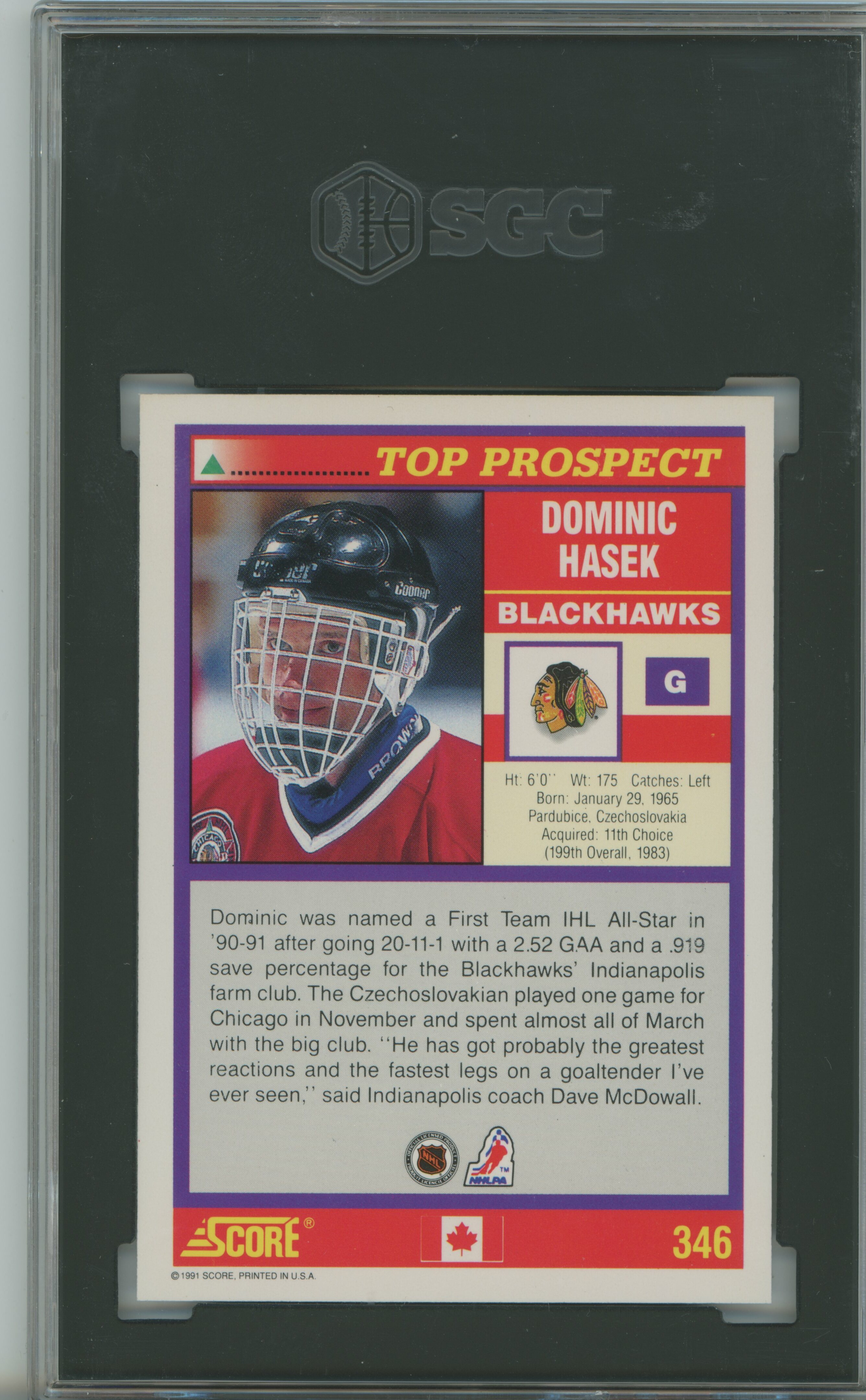 1991-92 Score Canadian RC Dominik Hasek SGC 9