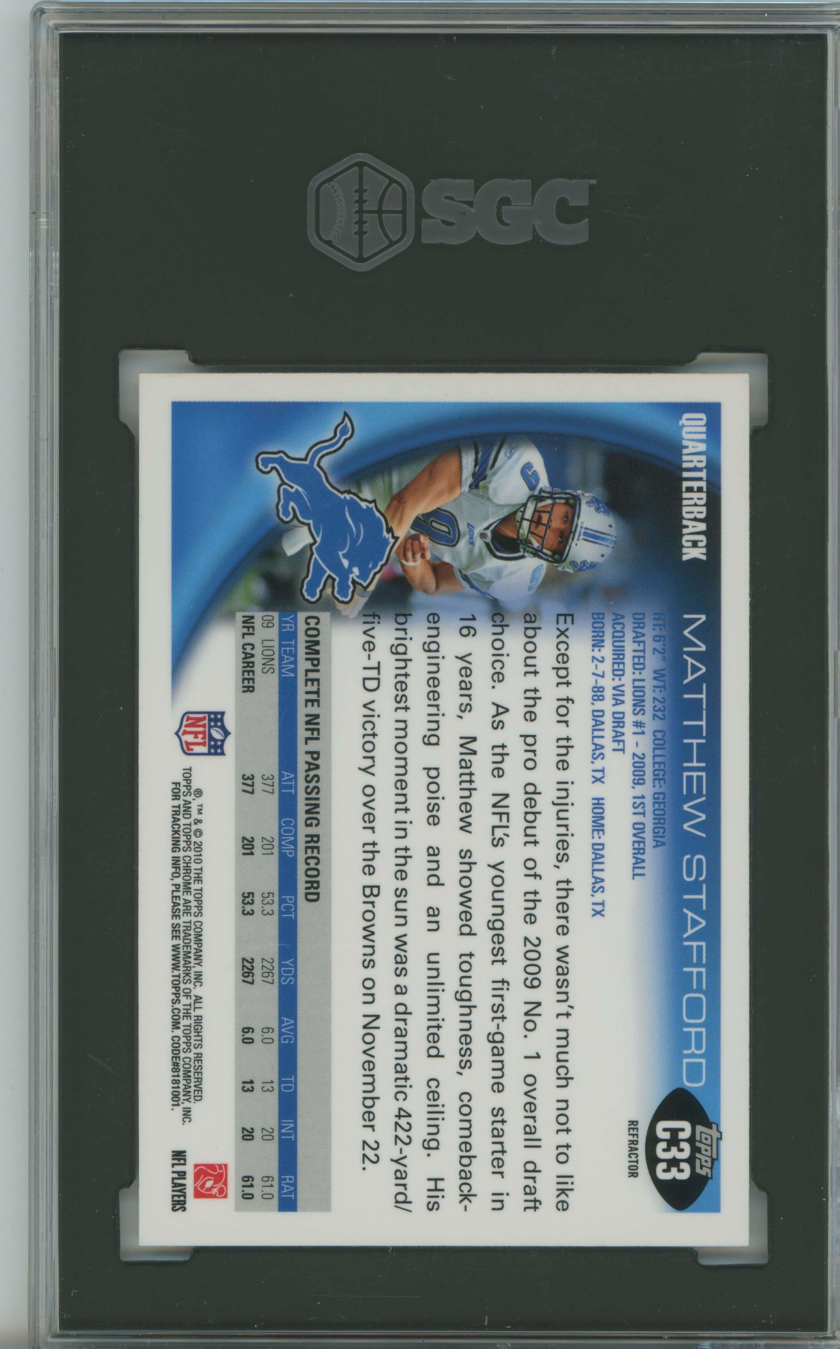 2010 Topps Chrome Xfractor Matthew Stafford SGC 9.5