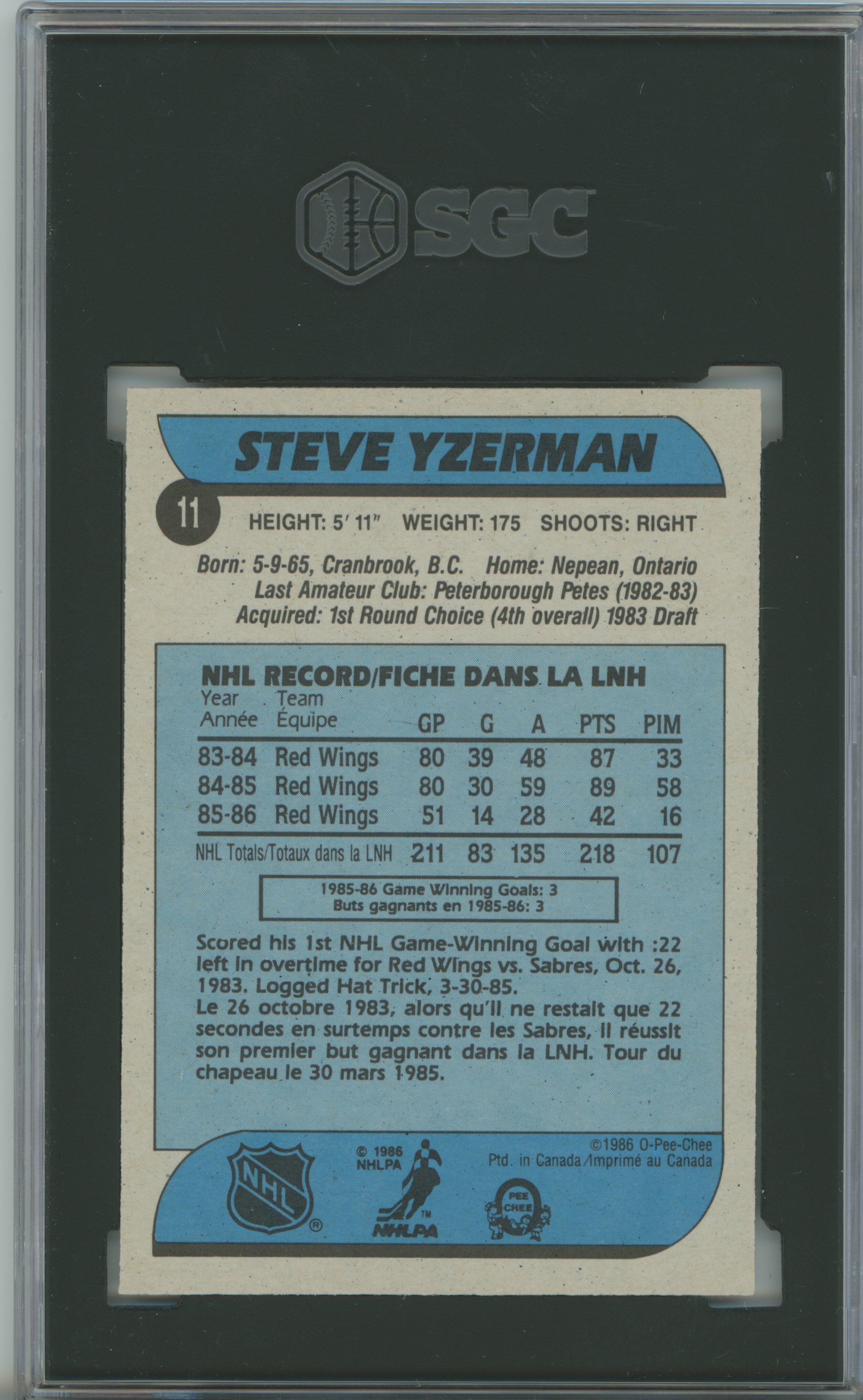 1986-87 O-Pee-Chee Steve Yzerman SGC 9.5