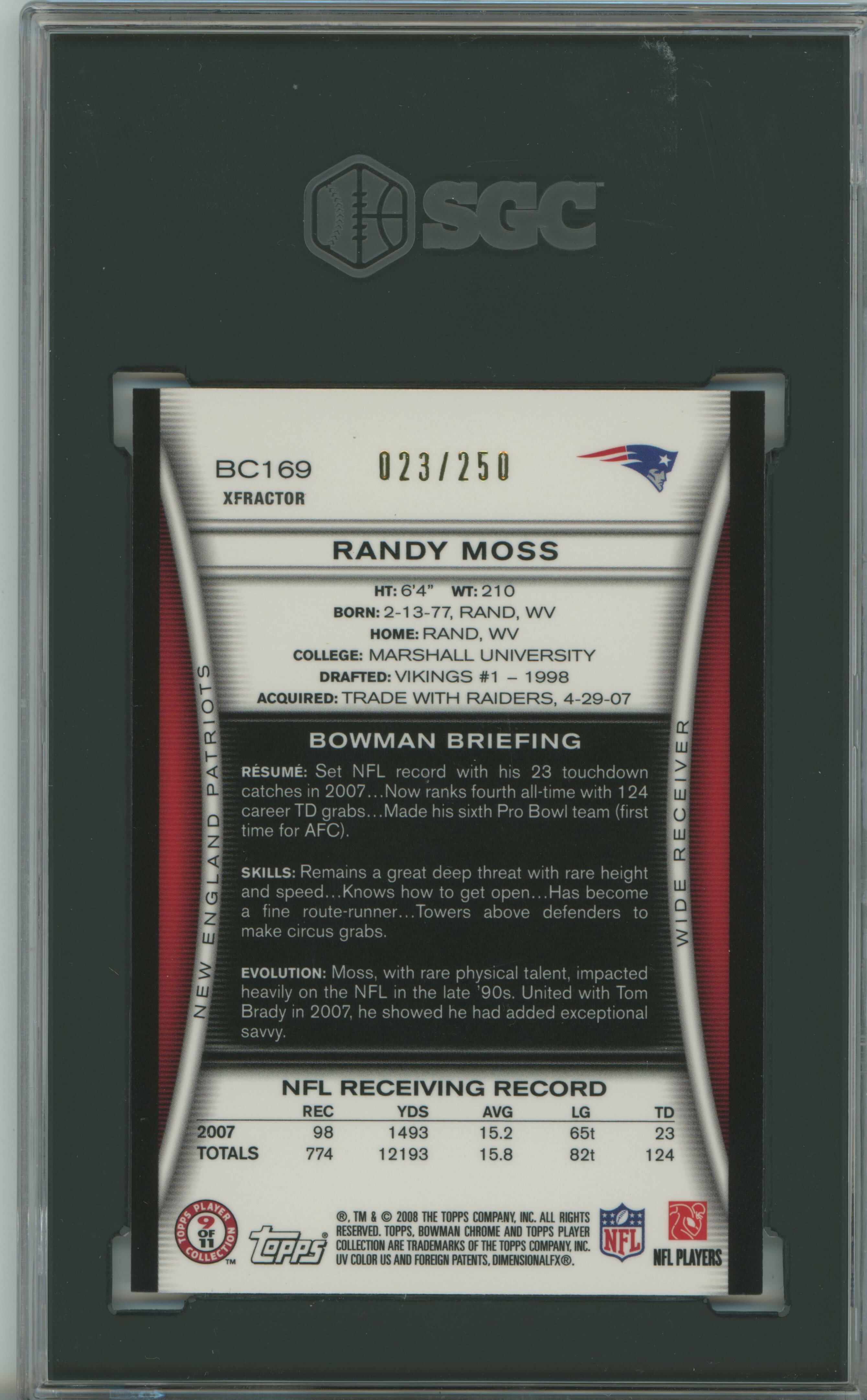 2008 Bowman Chrome Xfractor Randy Moss SGC 9