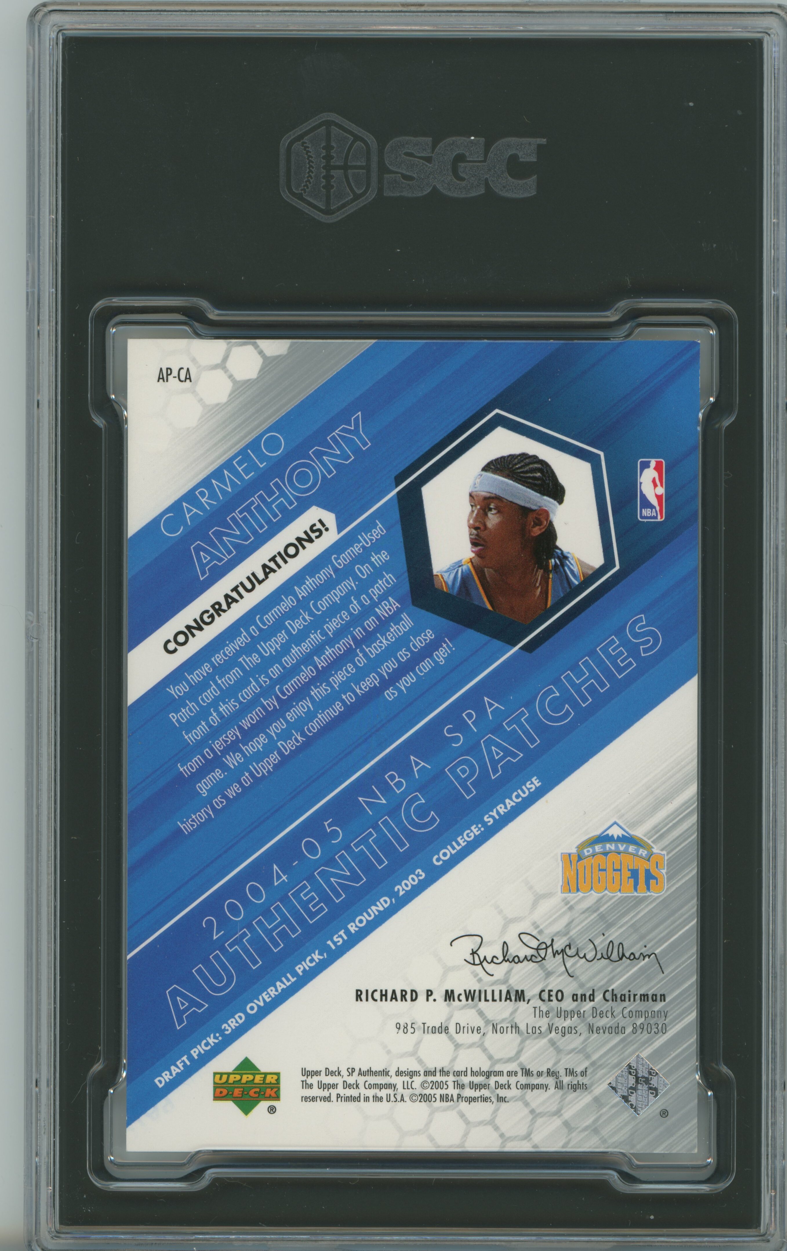 2004-05 SP Game Used Authentic Fabrics Patch Carmelo Anthony SGC 9