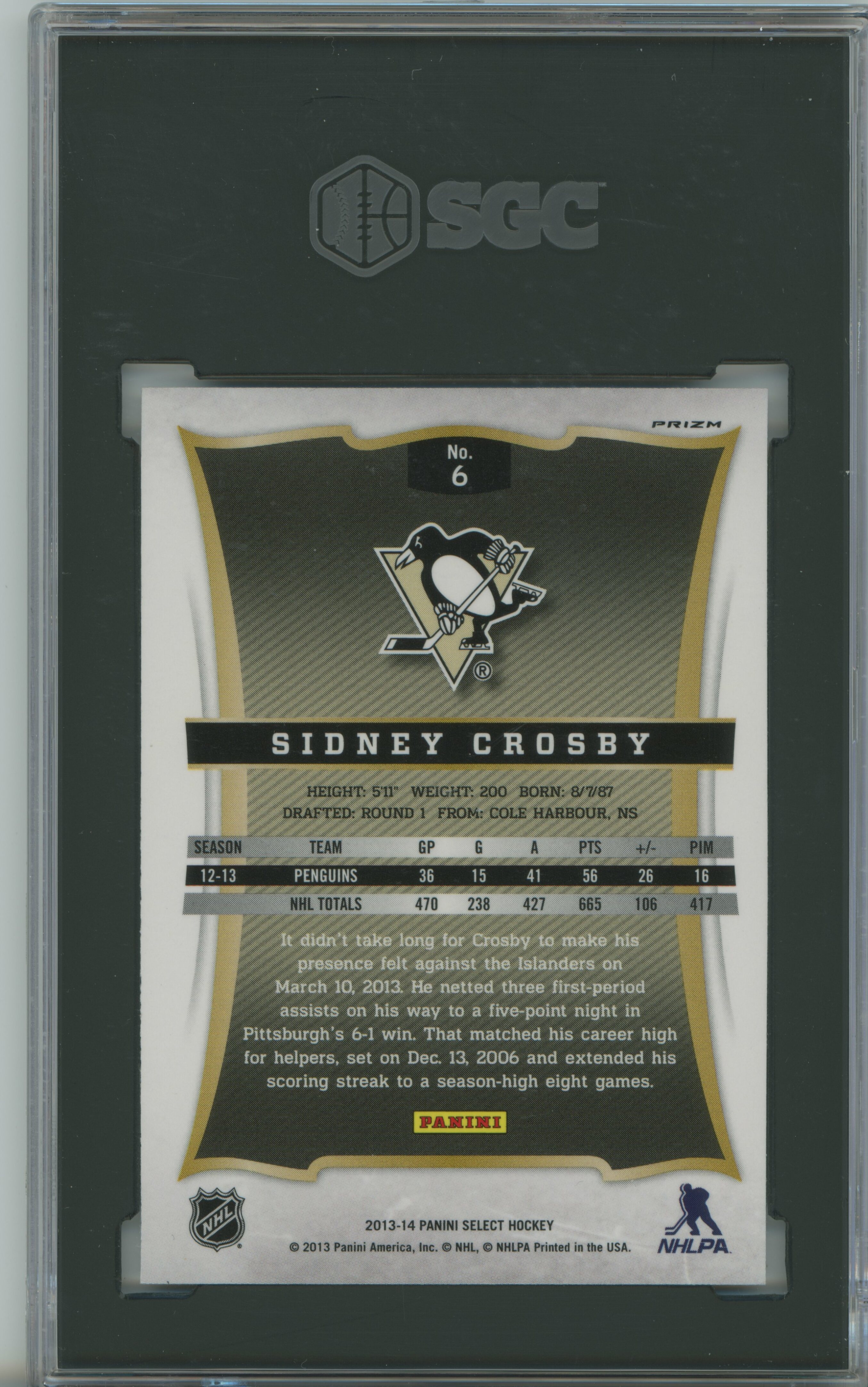 2013-14 Select Silver Prizm Sidney Crosby SGC 9.5