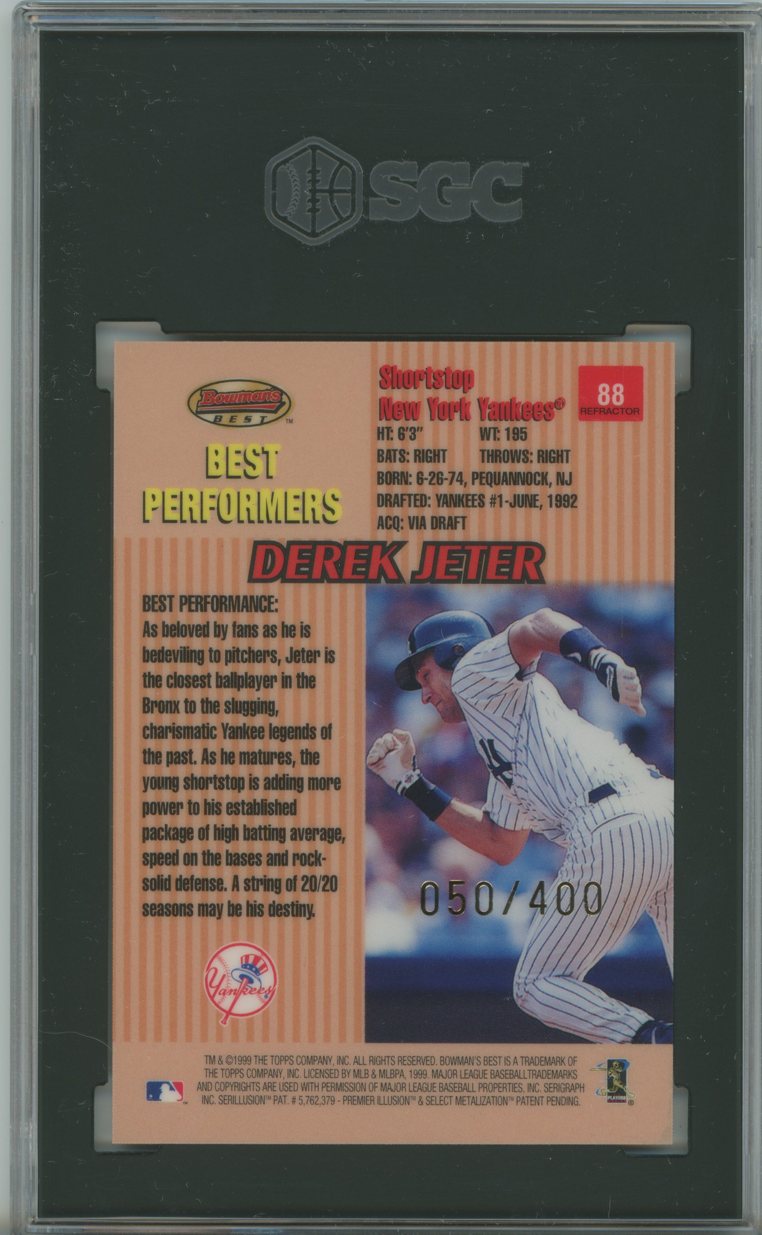 1999 Bowman's Best Refractor Derek Jeter SGC 9