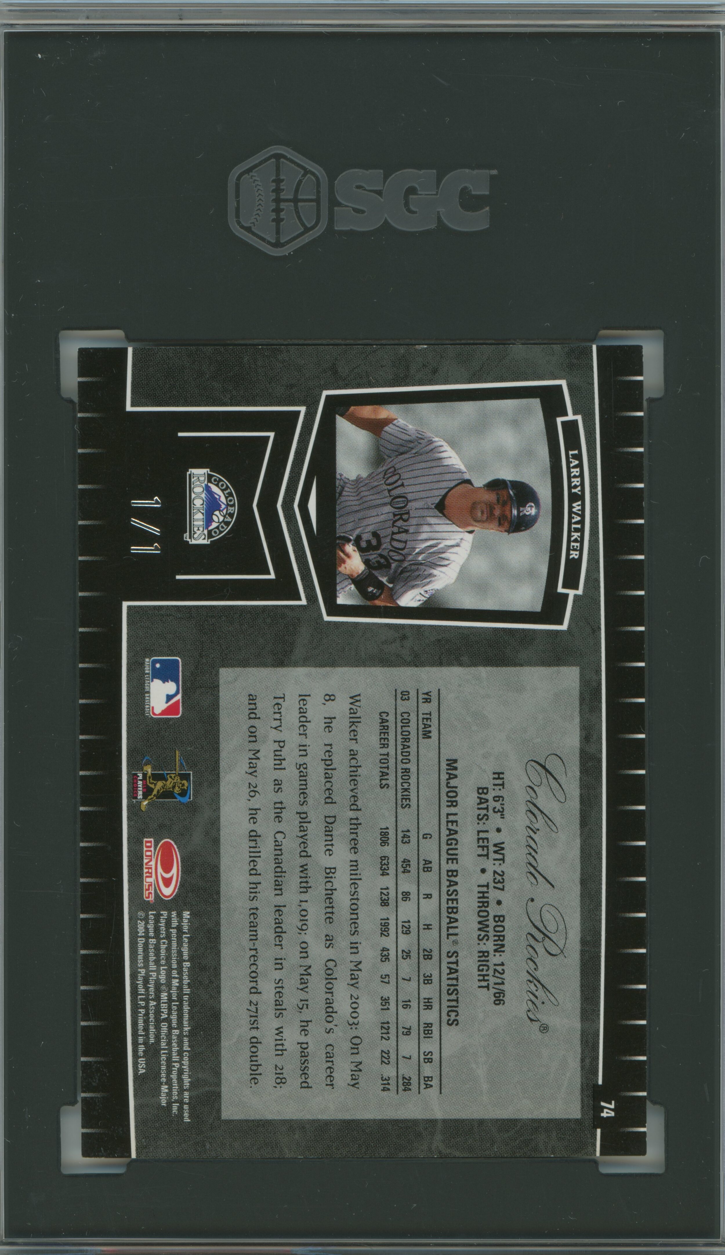 2004 Certified Cuts Marble Black 1/1 Larry Walker SGC 8.5