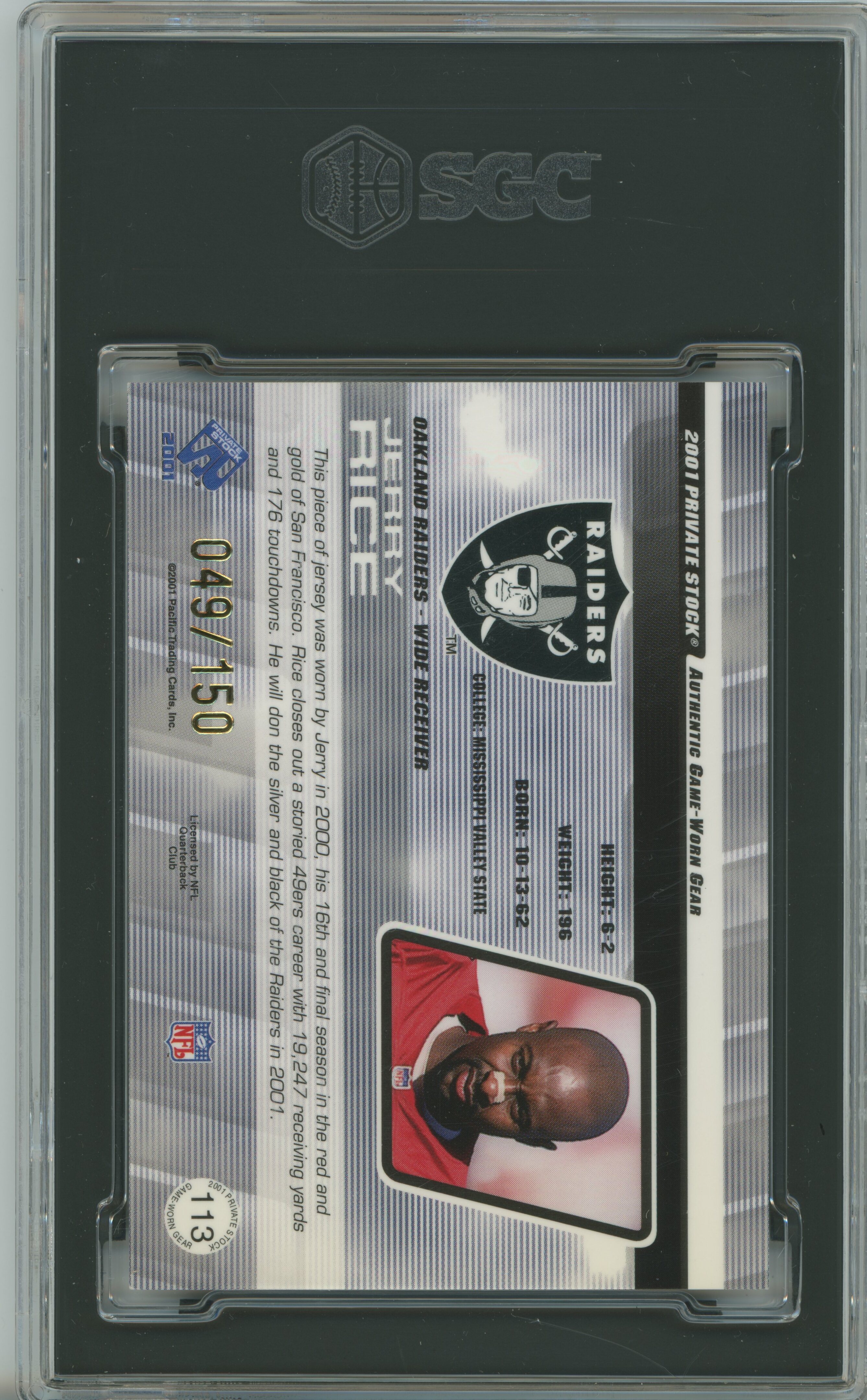 2001 Private Stock Game-Word Gear Patch Jerry Rice SGC 9