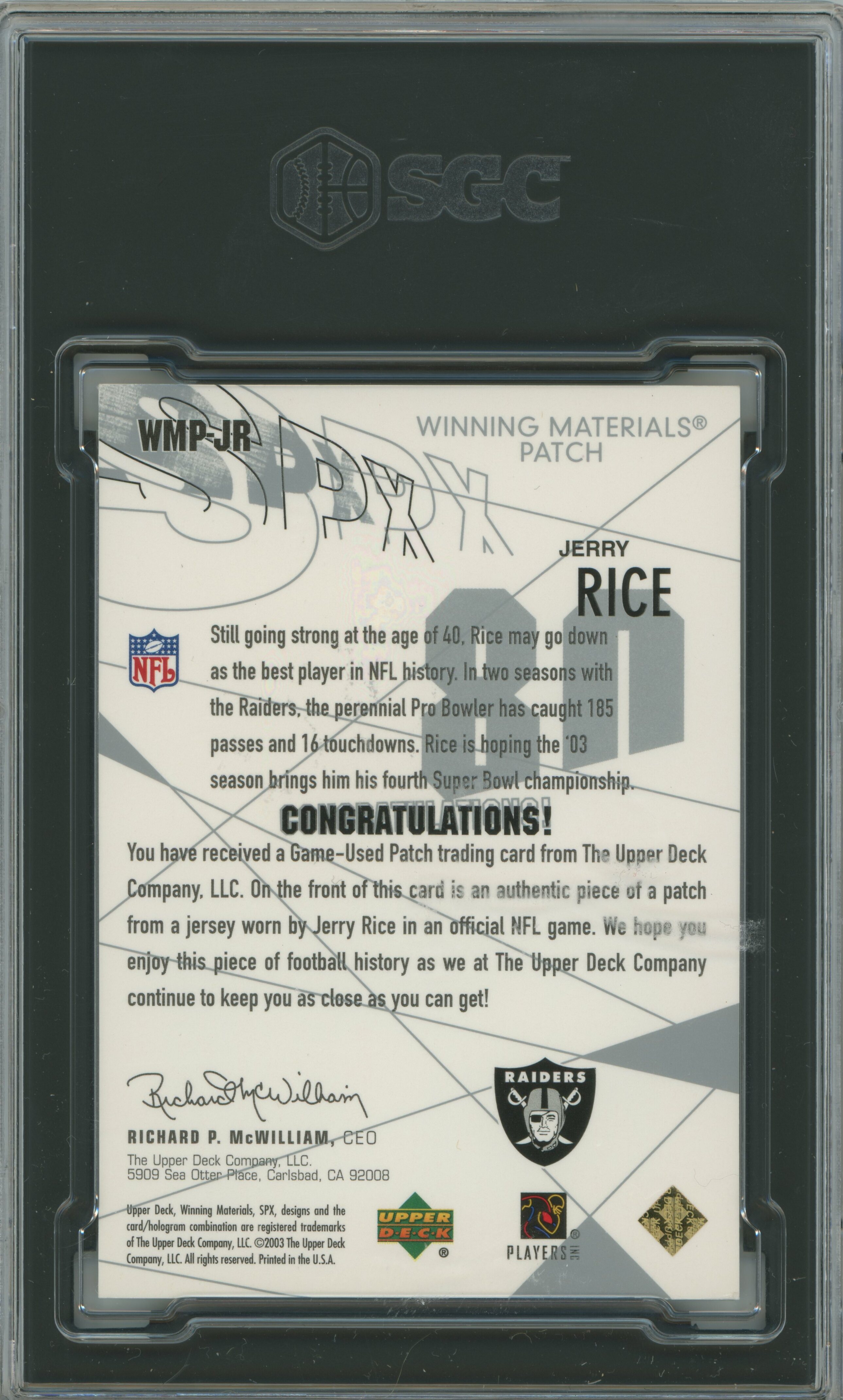 2003 SPx Winning Materials Patch Jerry Rice SGC 9.5